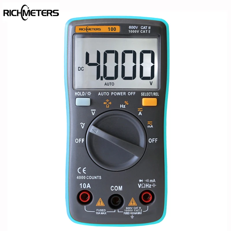 Мультиметр RICHMETERS RM100 4000 отсчетов задний светильник AC/DC Напряжение Амперметр Вольтметр Ом 9,999 МГц Частотный диод
