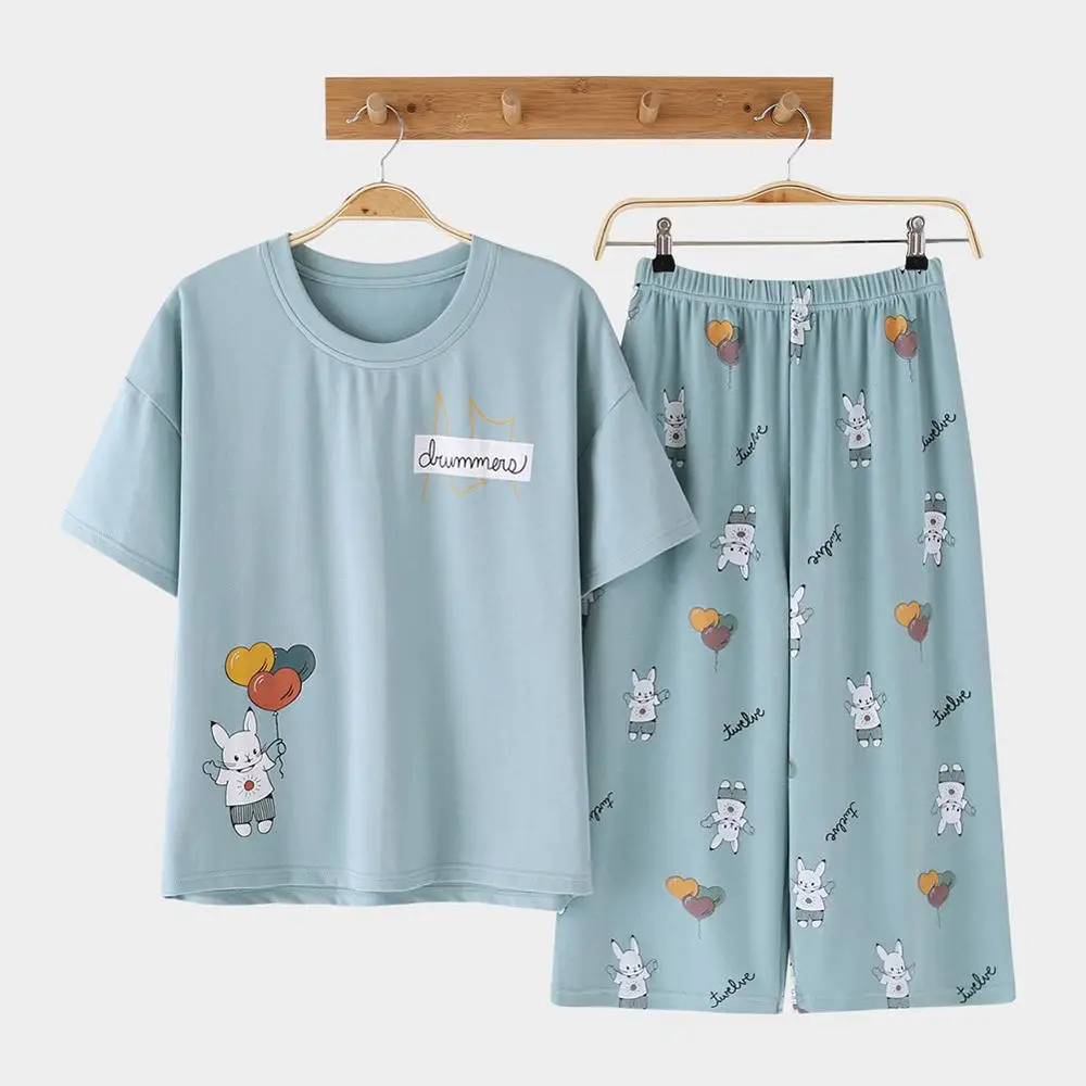 Sleepwear-Blue DANALA хлопковые повседневные женские пижамы, комплекты летних пижам с принтом животных, модные комплекты одежды для сна с коротким рукавом, домашние костюмы, одежда для сна для женщин - Цвет: Sleepwear-Blue