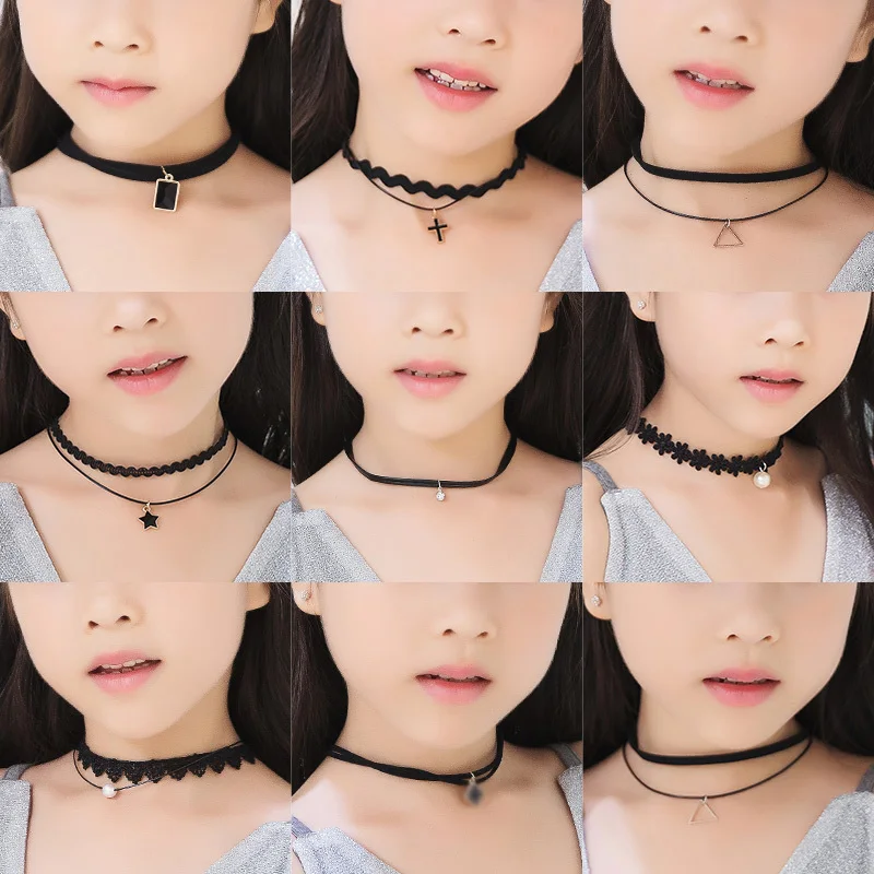 11PCS Fashion Pretty Girls Black Multi-Layer Lace Chains Necklace Kids Exquisite Gothic Stretch Choker Jewelry Children Necklace image 3
