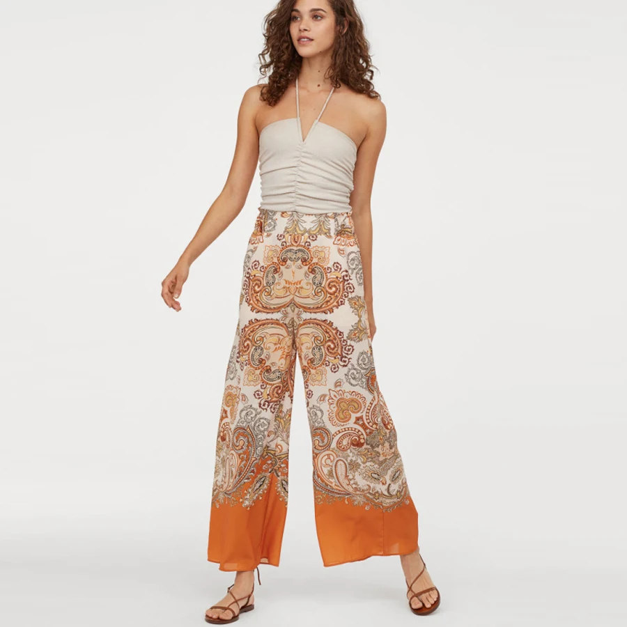 TEELYNN boho Брюки атласные оранжевые с узором пейсли широкие брюки с высокой эластичной талией свободные пляжные брюки летние брюки