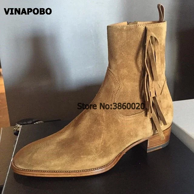 VINAPOBO/; Коричневые Замшевые мужские ботильоны с кисточками; модные кроссовки на низком каблуке с боковой молнией и бахромой; высокие ботинки «Челси»; Ботинки martin
