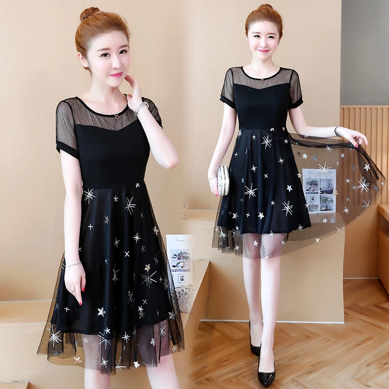 women woman ladies mesh embroidery Embroidered Patchwork big plus size L-5XL XXL XXXL 3XL XXXXL 4XL 5XL slim A-Line Skater dress | Женская