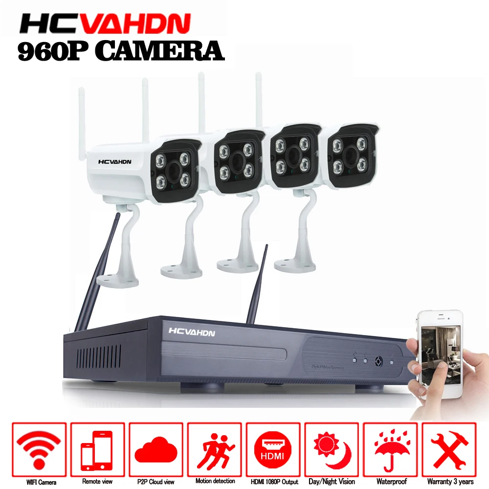 4CH Беспроводная NVR CCTV система Водонепроницаемая IR Ночная Vison 960P IP камера WIFI