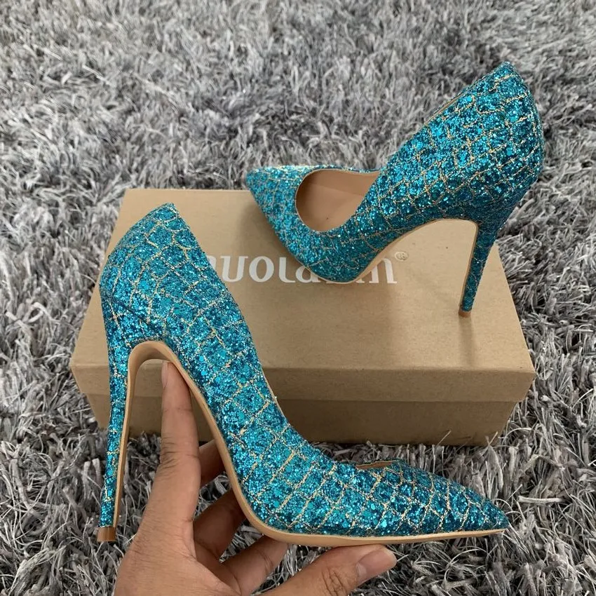 Женские свадебные туфли с блестками Брендовые вечерние острым носком на высоком