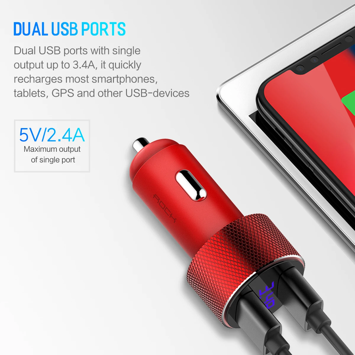 Автомобильное зарядное устройство ROCK Metal с цифровым дисплеем Dual USB 3.4A для iPhone X 8 7 Xiaomi samsung, быстрая зарядка, мониторинг напряжения телефона
