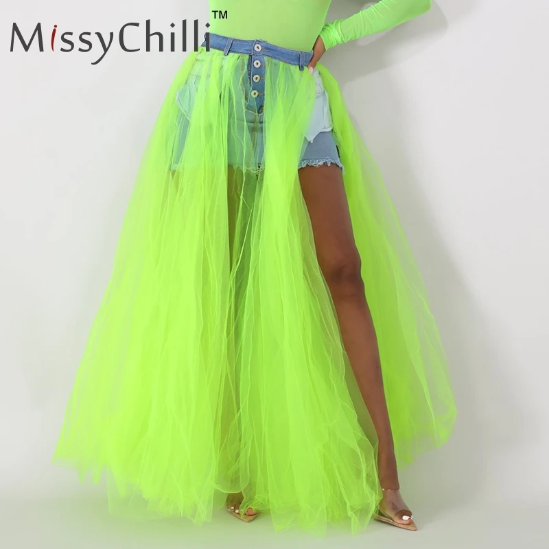 Зеленый MissyChilli сетчатые Лоскутные юбки джинсовые с разрезом сексуальные летние пуговицы белая юбка с высокой талией женская уличная неоновая джинсовая юбка на пуговицах - Цвет: Зеленый