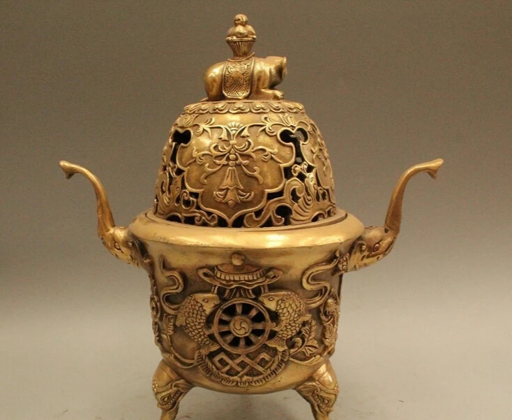 10&quot Marked Chinese China Brass Fish Elephant Zun Incense Burner Censer Statue |