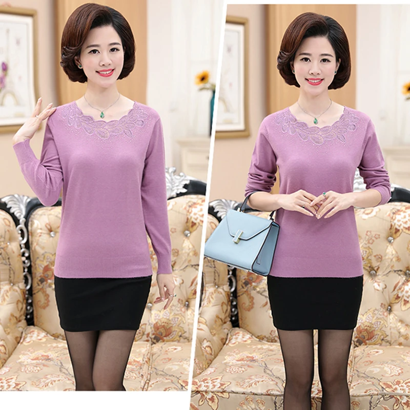 Spring Women Sweaters 2018 New Knitted Bottoming Sweater Fashion Round Neck Middle-aged Mother Installed Wool Pure color | Женская