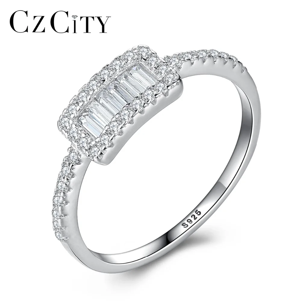 CZCITY Настоящее Стерлинговое Серебро 925 кольца для помолвки кольцо для женщин Прямоугольная форма зубец Установка прозрачная кубическая циркониевая бижутерия