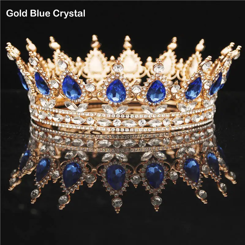 Gold Blue Круглая Корона невесты диадема женский головной убор королевская Королева Король диадемы и короны выпускного вечера Пышные свадебные украшения для волос аксессуары - Окраска металла: Gold Blue