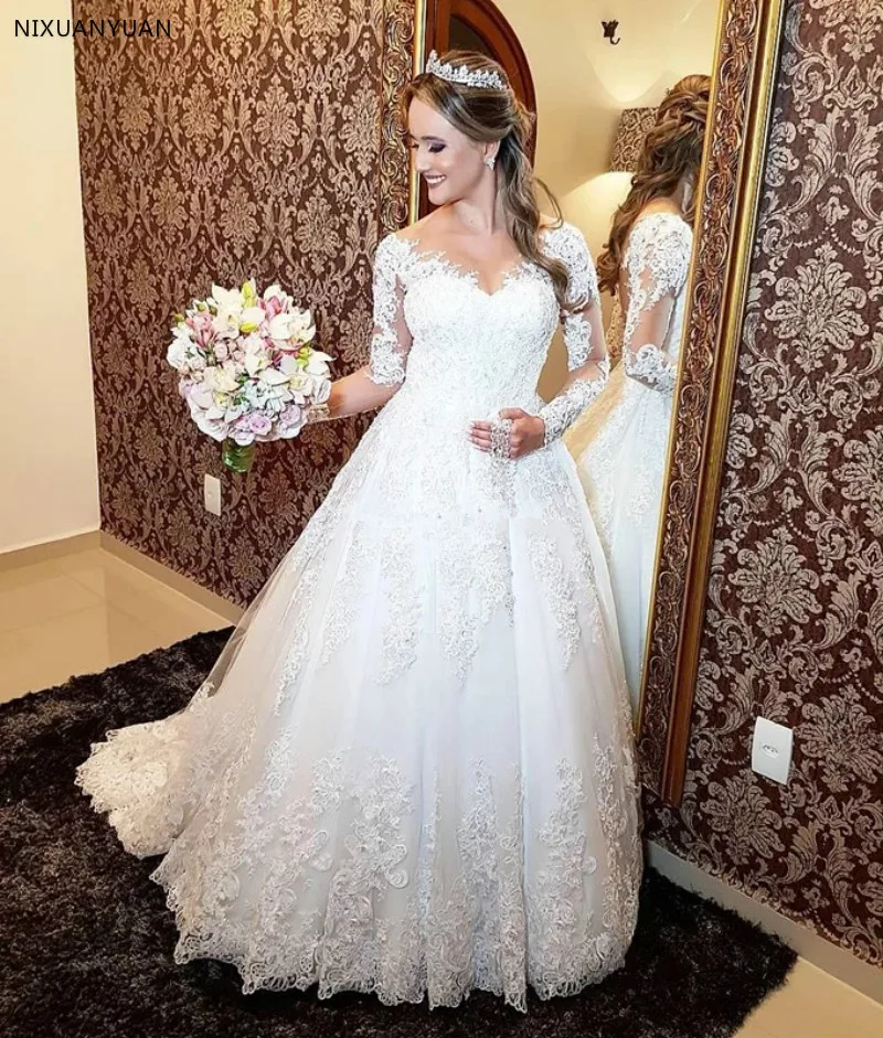 

Custom Made A-line Long Sleeve Tulle Lace Beading Vintage Sexy Formal Wedding Dresses Wedding Gowns 2021