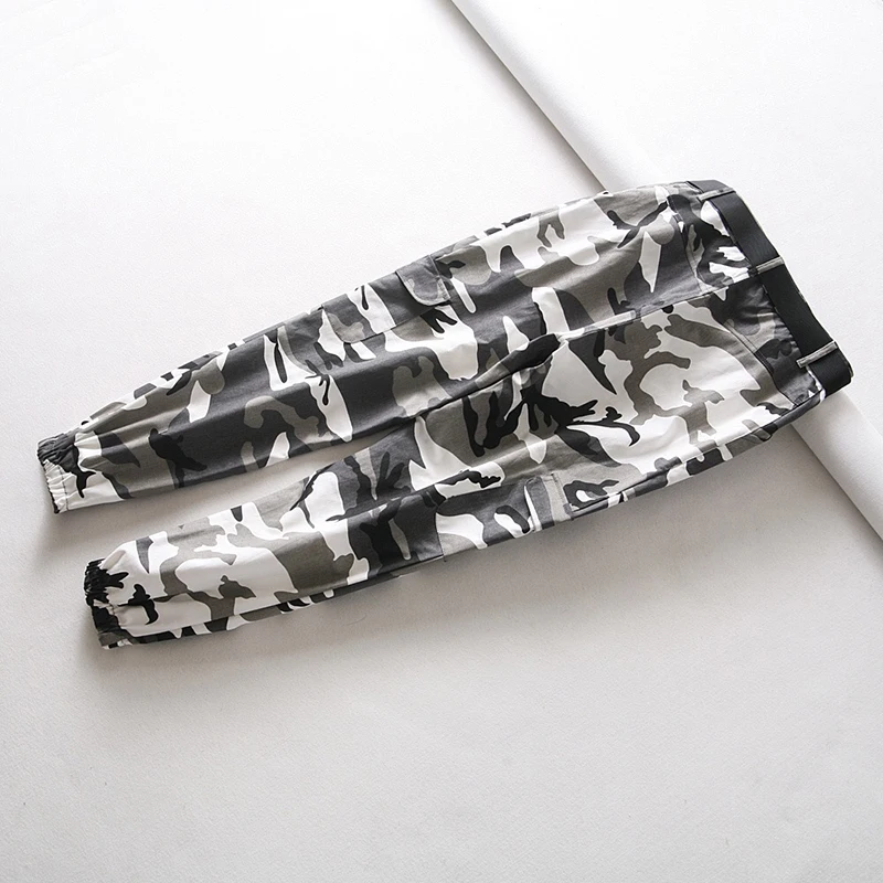 Женские камуфляжные брюки карго с поясом серые высокой талией|Брюки| |