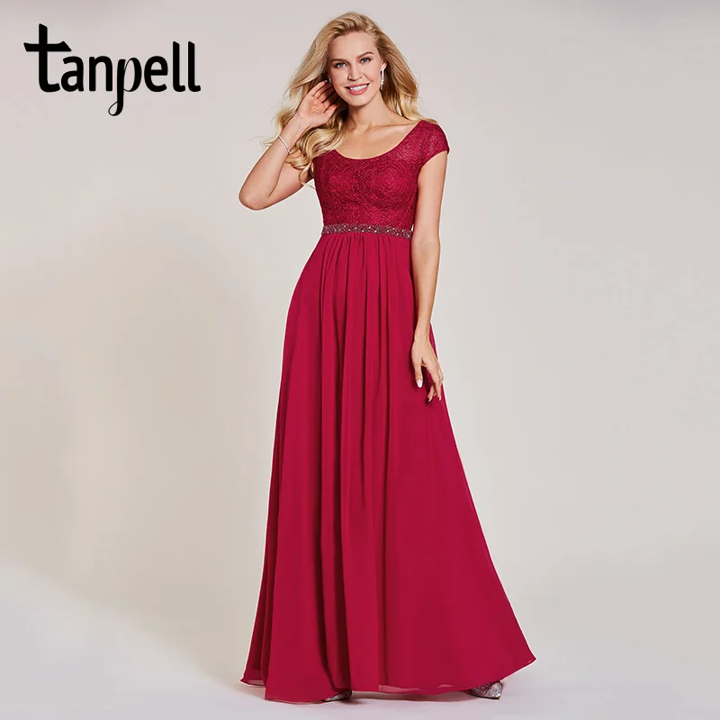 

Tanpell long evening dresses burgundy scoop beaded cap sleeves a line floor length dress cheap women prom formal evening gown