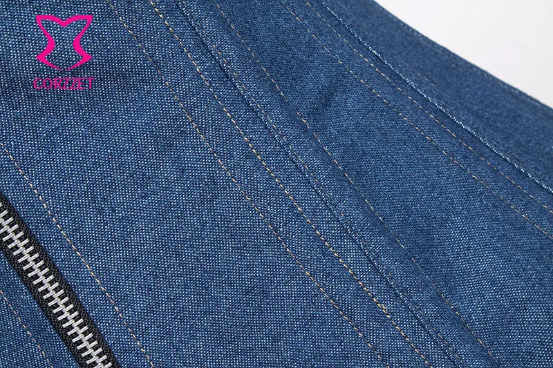 Женский корсет на молнии синий джинсовый косточках со стальными косточками