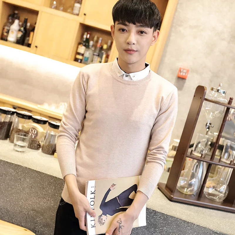 Fake Two Pieces 2019 Classic Simplicity Pullover Sweater Men Solid Long Sleeves Grey Black Thin Regular Mens Sweaters free ship mens sweaters new classic simplicity pullover o neck sweater men long sleeves grey black teenagers sweaters