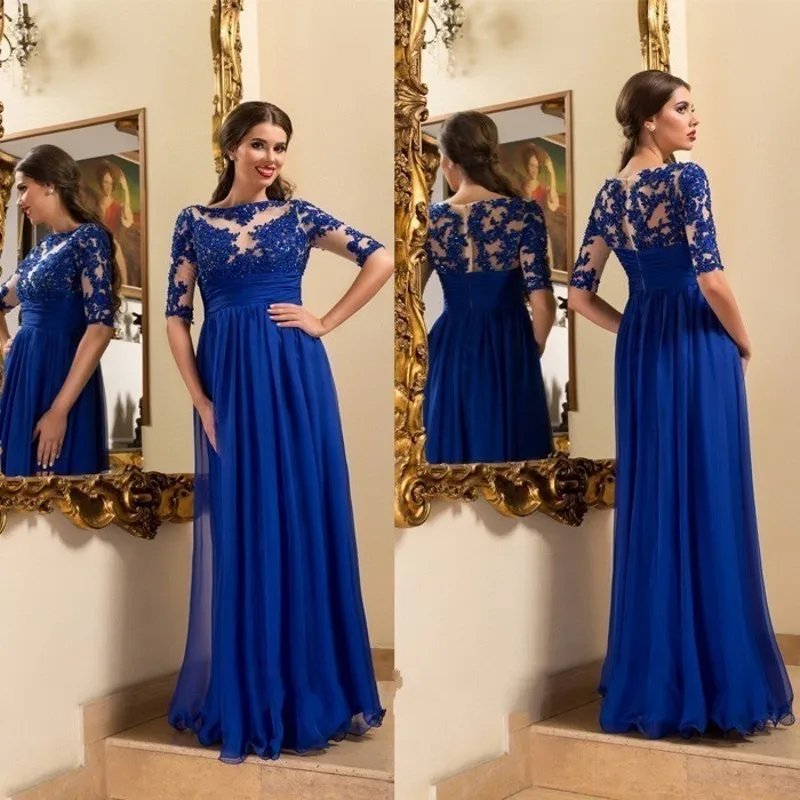 

Fantastic Blue Long Evening Dress Boat Neck Half Sleeves A-Line Floor Length Lace Chiffon New Prom Dresses 2017 Vestido longo