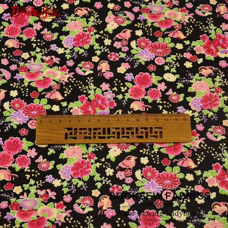 Booksew 100% хлопок поплин Ткань мягкие Вышивание черный Жир Квартал цветок и птица