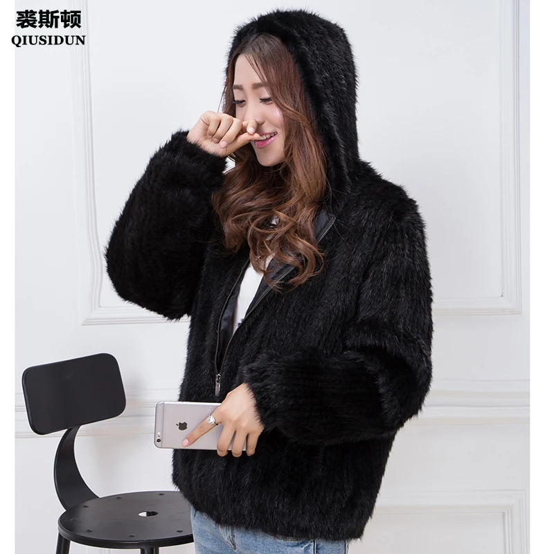 Женская шуба из натурального меха норки черная Шуба с капюшоном и подкладкой