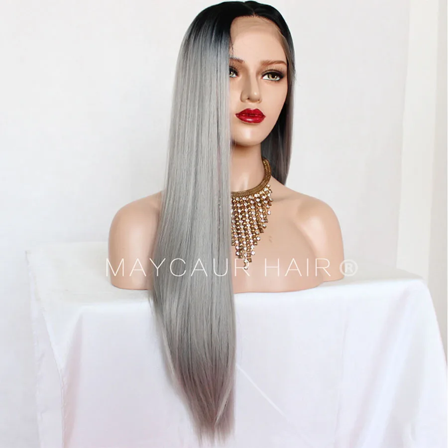 Maycaur черный серый Glueless синтетические парики на кружеве длинные натуральные Прямые серебристо-серые волосы парики для женщин