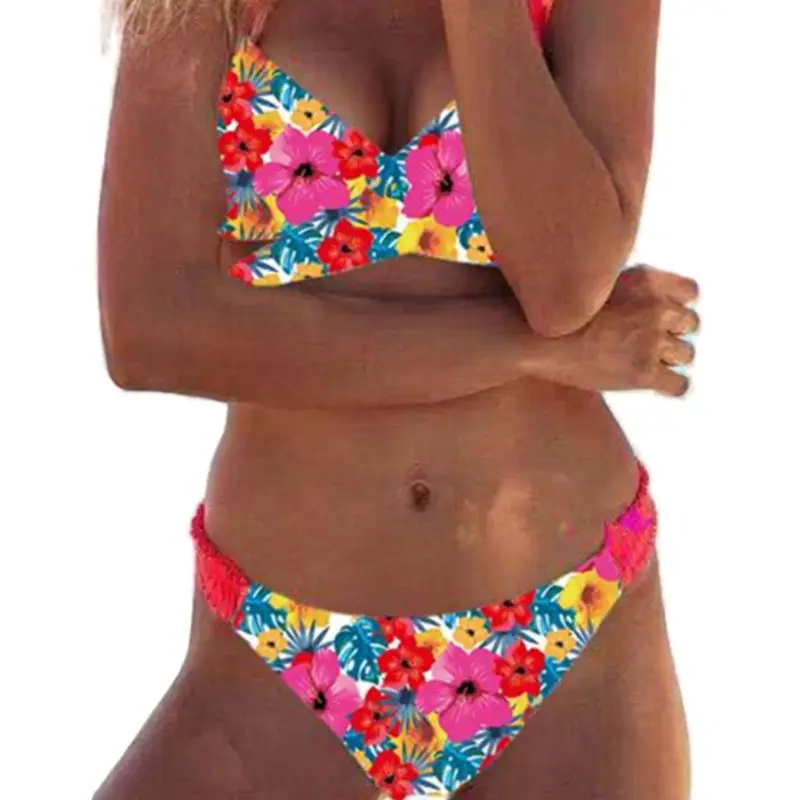 Women Sexy Two Piece Set Deep V-Neck Wrap Front Lace Up Bra Low Waist Ruched Waistband Thong Bohemian Floral Swimsuit - Цвет: 2
