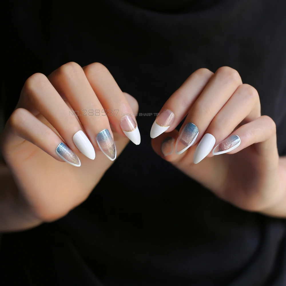 Прозрачные Натуральные Французские острые накладные ногти 24 шт. синяя вспышка