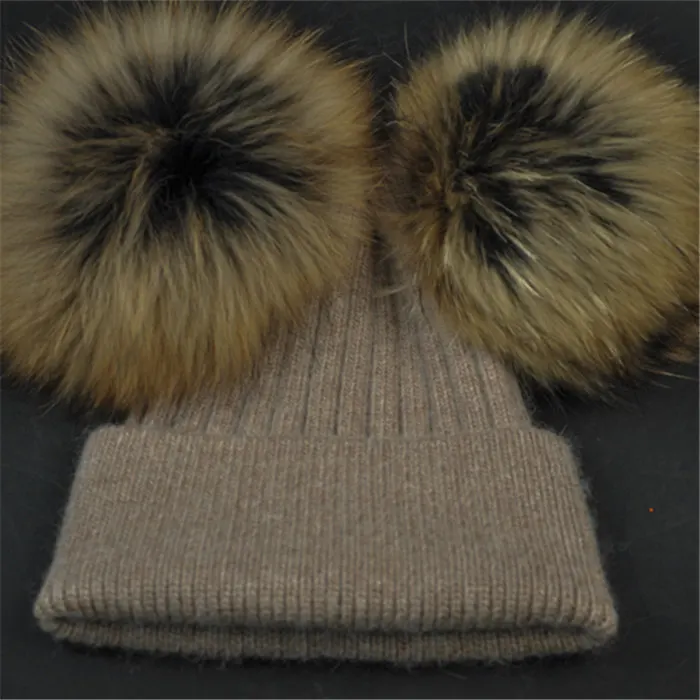 Brown (black 1 fur) Женская зимняя модная меховая шапка с помпоном для девочек, Вязаная Шапка-бини для взрослых, вязаная шерстяная шапка с двумя помпонами - Цвет: Brown (black 1 fur)