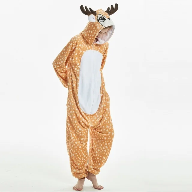 

Winter Kigurumi Deer Long Sleeve Hooded Deer Onesies for Adults Whole One Piece Animal Pajamas Flannel Warm Homewear Onesie