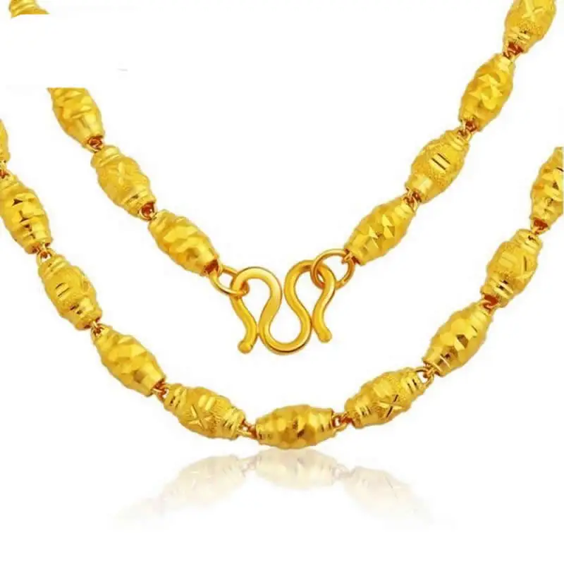 

Pure Yellow Gold Big Ellipse Beads Necklace/ 999 gold 24K Olive beads Necklace Chain 9g