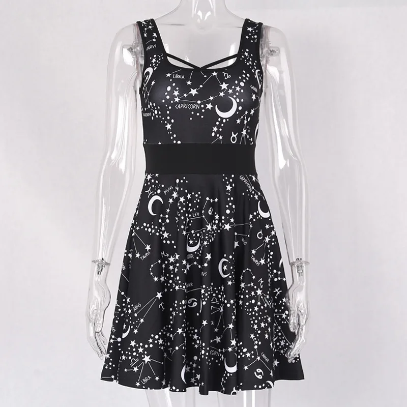 2019 летние платья на бретелях с принтом луны и звезд женское черное мини платье в