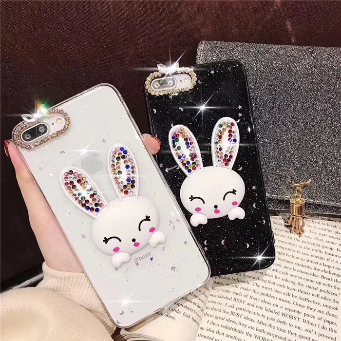

Luxury Capa Diamond White Rabbit Ear Stand Stars And Moon Soft Case Cover For iphone 11 12 13 pro max XS MAX XR 6 7 8 PLUS Case