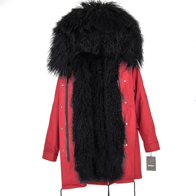 red black Теплая женская парка на меху OFTBUY, черное пальто с подкладкой из натуральной шерсти монгольской овцы, с меховым капюшоном, большие размеры, зима - Цвет: red black