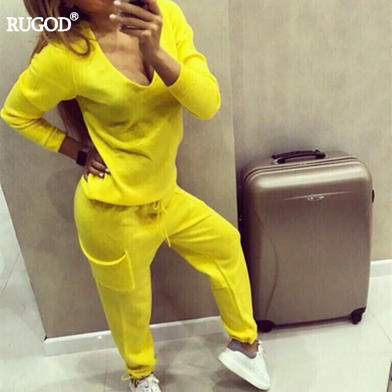 Женский спортивный костюм Rugod с V образным вырезом однотонный трикотажный свитер