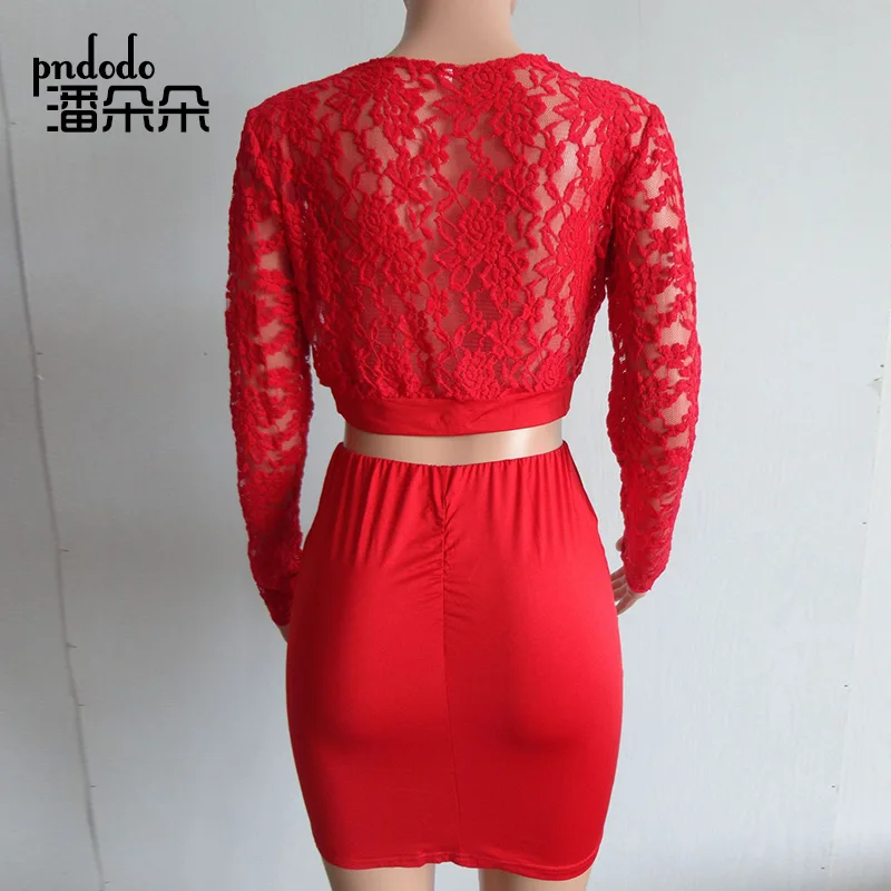 Pndodo Sexy Womens Two Piece Skirt Crop Top Long Sleeve See Through Mesh Lace Party Clubwear 2018 2 Set Bodycon Mini Dress | Женская