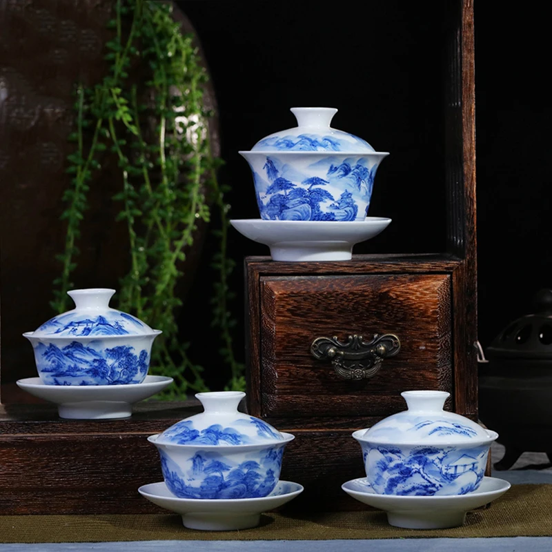

200ml Boutique Jingdezhen Blue and White Porcelain Landscape Gaiwan Tea Maker Chinese Kung Fu Tea Set Bowl Master Teacup Teapot