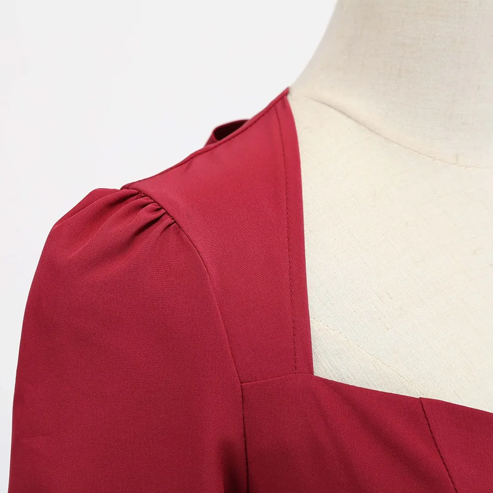 Vintage Dress Women Autumn Burgundy Tunic Bowknot Pleated Stylish Sexy Backless 2019 Elegant Casual Party 1950s Retro Midi | Женская