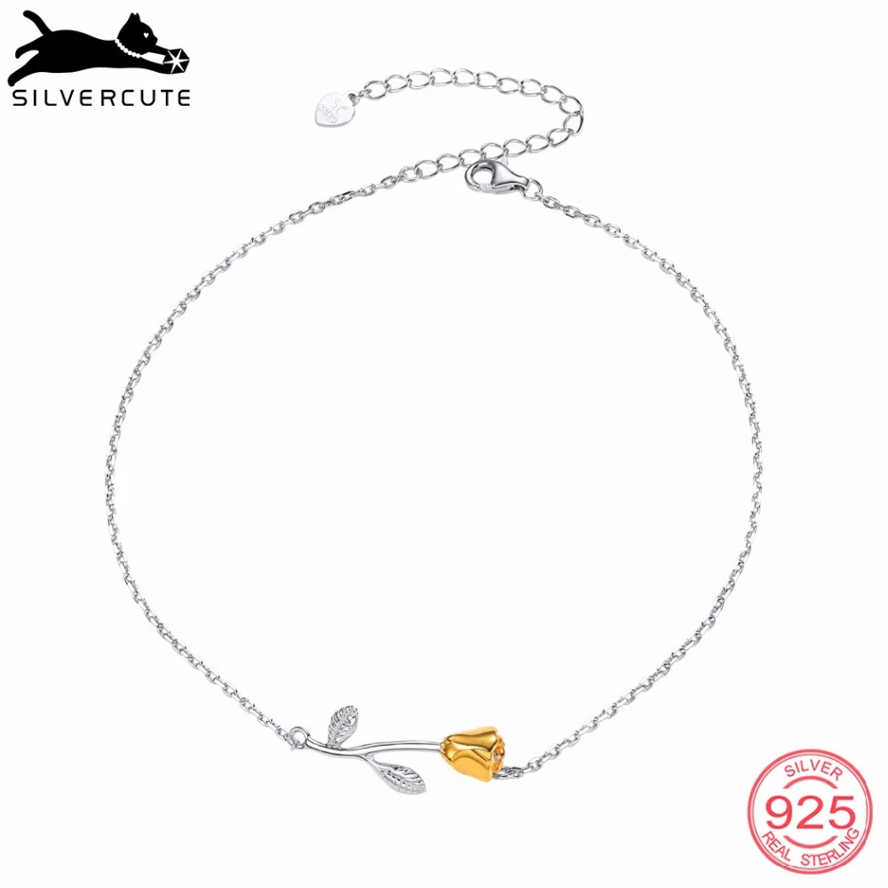 SILVERCUTE подлинное серебро 925 пробы Minimalist для женщин минималистичные летние ювелирные украшения цветок Роза лодыжки браслет SCA6360BK