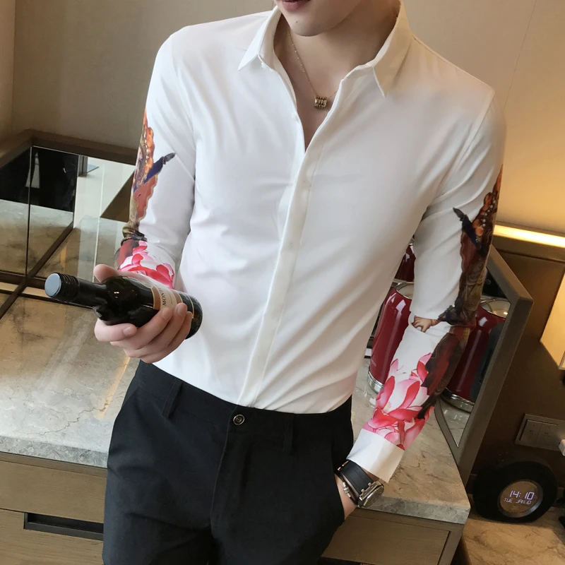 2019 Весна Для мужчин рубашка с принтом модные приталенная одежда длинным рукавом