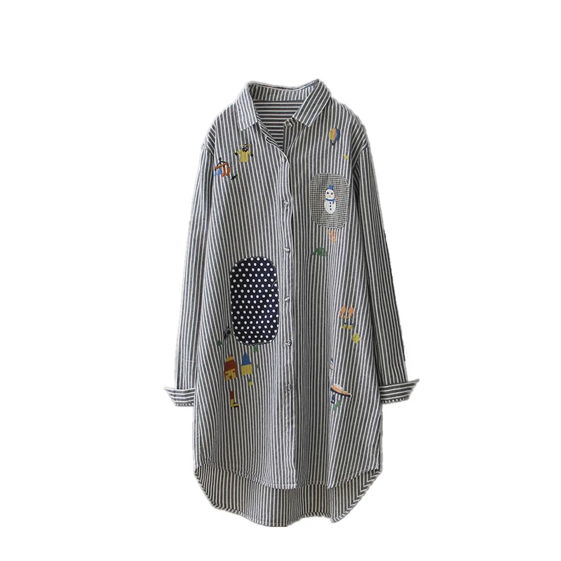New style spring and Autumn women tops long blouse cotton linen shirt embroidered Snowman loose stripe camisa |