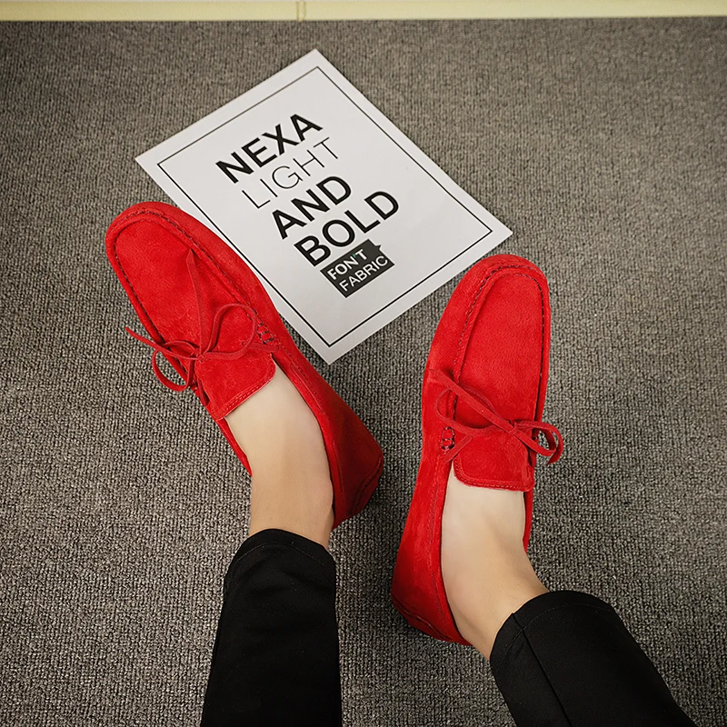 ALCUBIEREE New Arrived Fashion Solid Loafers Men Bowtie Lazy Shoes Suede Leather Moccasins Comfort Handmade Boat Smoking Shoes