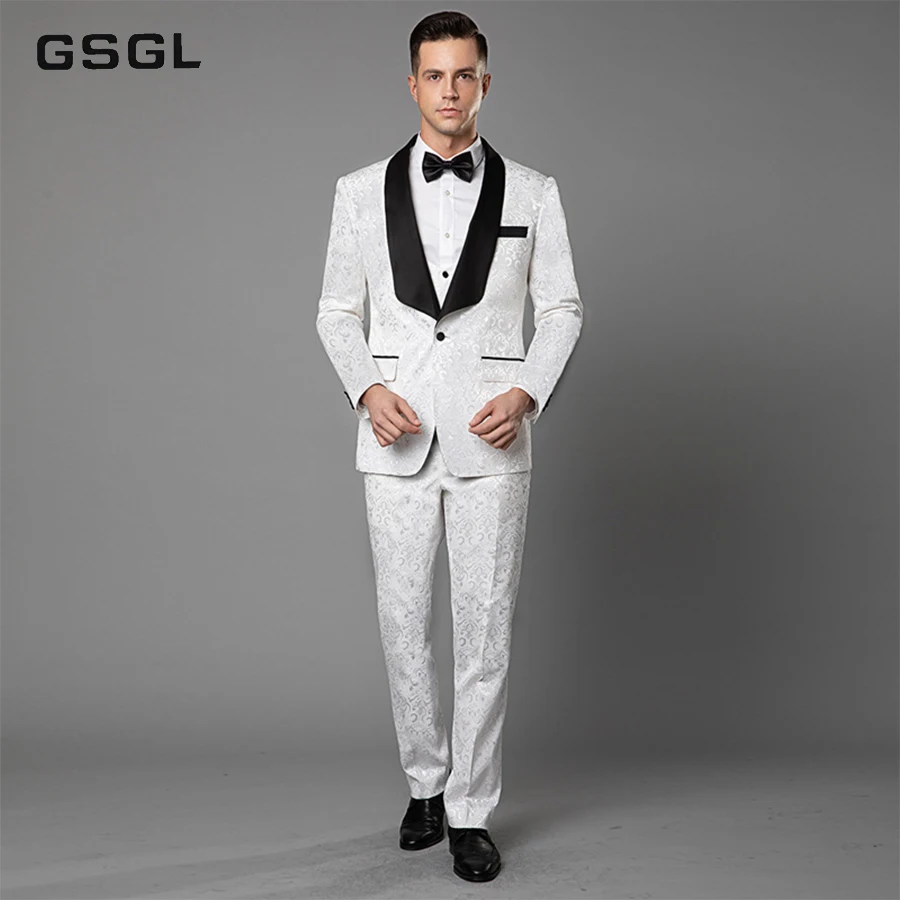 Mens Jacquard 3 Pieces Tuxedos Vintage Groomsmen Wedding Suit Complete Outfits(Jackets+Vest+Trousers) Prom Formal Tuxedo Suit