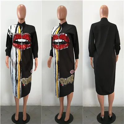 black dress Adogirl, с блестками, с красными губами, женское платье-рубашка, с длинным рукавом, свободные, повседневные, миди платья, модная уличная одежда, для ночного клуба, блузки, Vestidos - Цвет: black dress