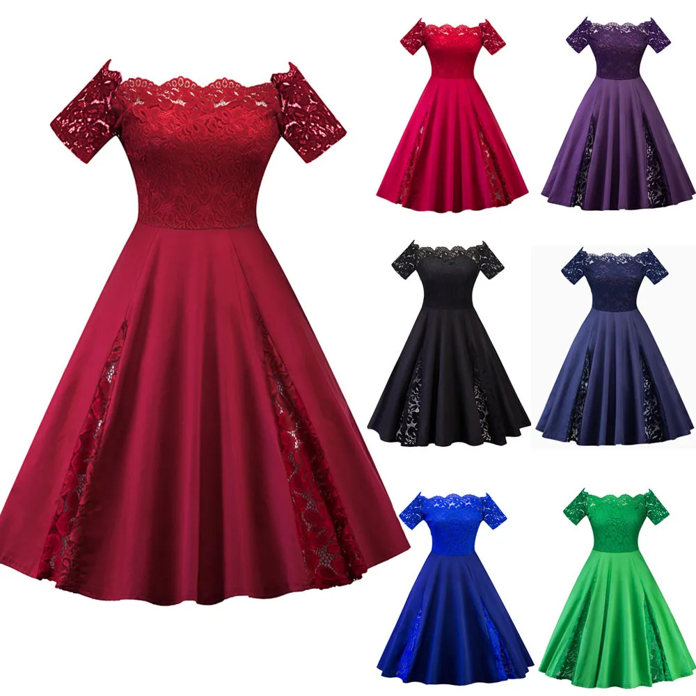 Fashion Women Plus Size Patchwork Short Sleeve Party Dress Lady pure color lace stitching sexy lace one-word shoulder dress 11.8
