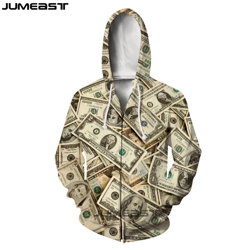 Бренд Jumeast для мужчин/для женщин с 3D принтом Деньги Доллар банкноты куртка с длинным рукавом спортивный пуловер Мода весна молния толстовки