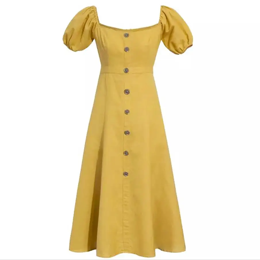 

2022 summer vintage yellow slash neck women dress slim single-breasted puff sleeve dress a-line