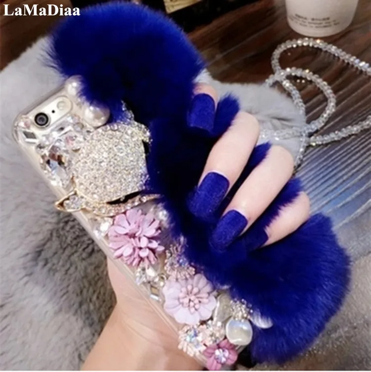

For Xiaomi Redmi 8 9 8A 9A 9C 10X Note 8T 9T 8 9 10 Pro 4G 5G Luxury Cute Soft Fluffy Rabbit Fur Hair Bling Diamond Phone Case