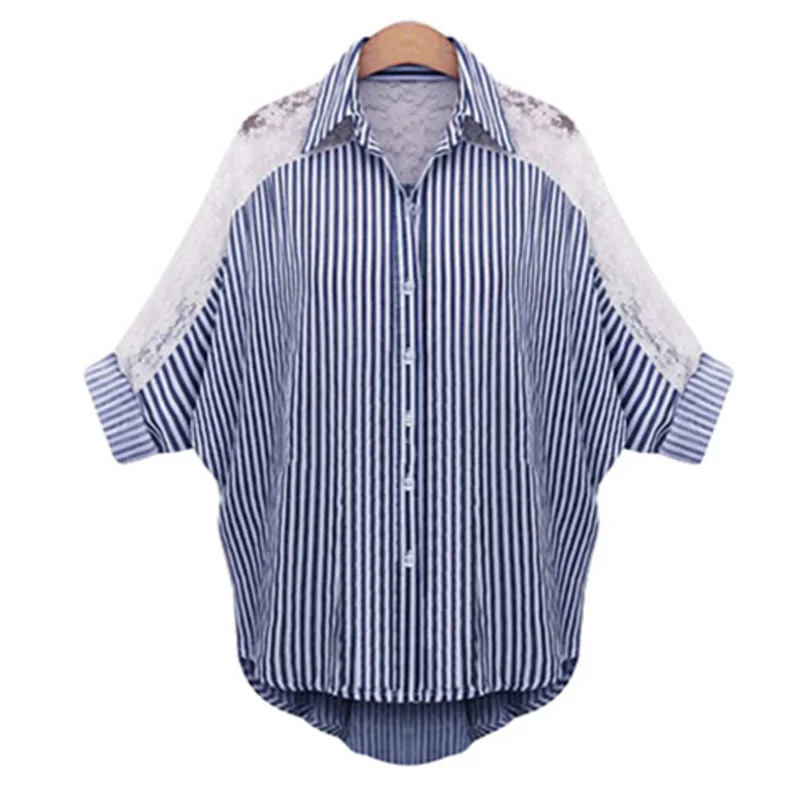Yibaka women 2018 batwing sleeve turn down collar lace shirt blouse loose casual long striped |