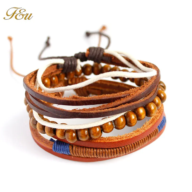 Многослойный кожаный браслет F &amp U регулируемый размер для мужчин украшенный