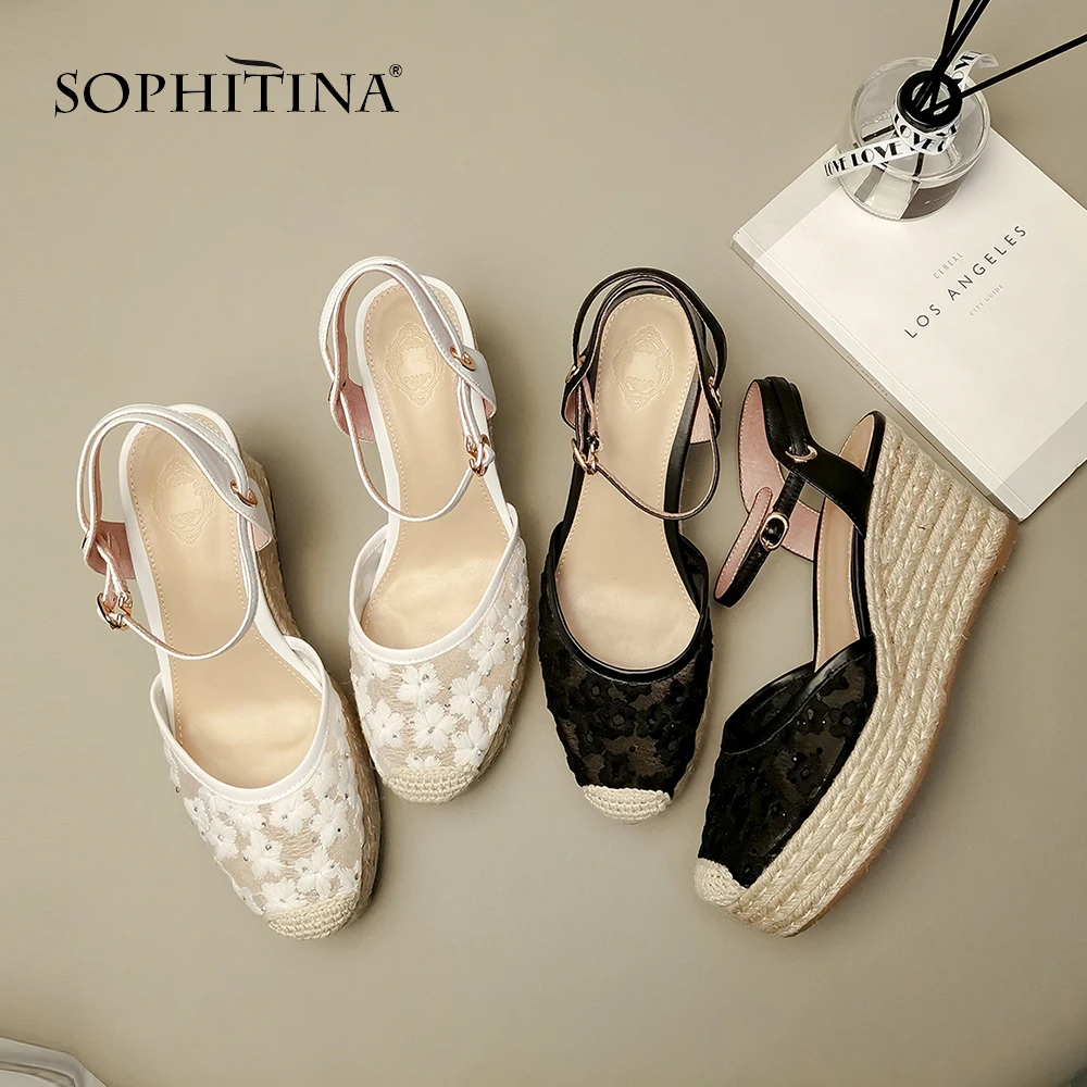SOPHITINA/Модные женские босоножки на соломенном каблуке черные туфли ручной работы