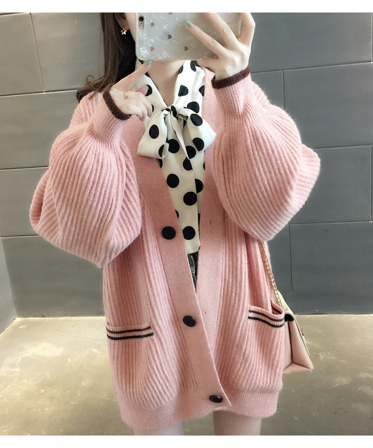 Preppy Style Loose Elastic Slim Patchwork Colors Sweater Cardigan Women Lantern Sleeve Knitted Single-breasted Outwear |
