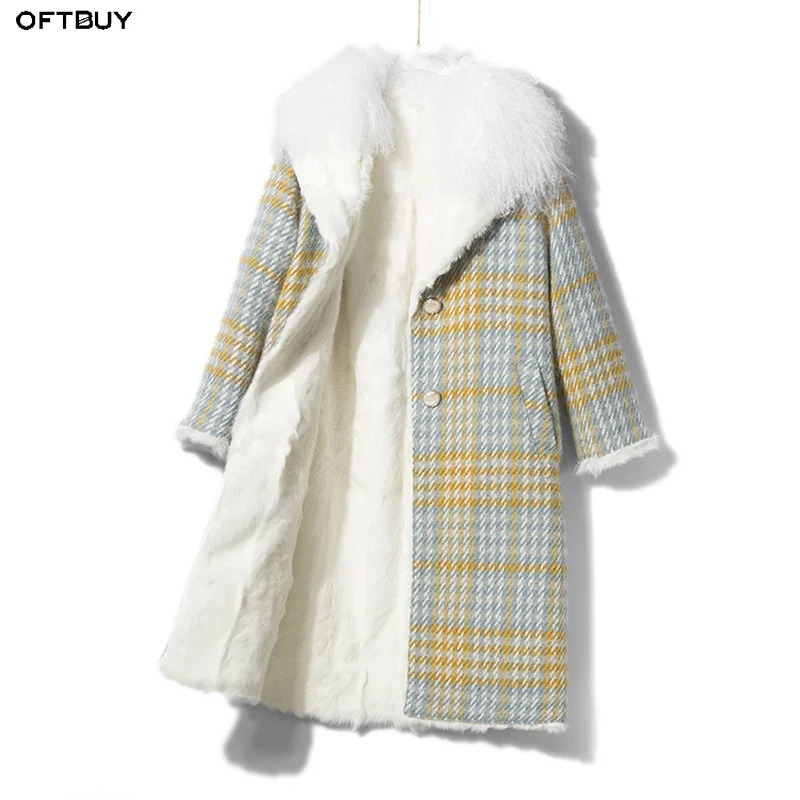 Oftbuy 2018 зимняя куртка Для женщин натуральным мехом пальто Длинная парка плед